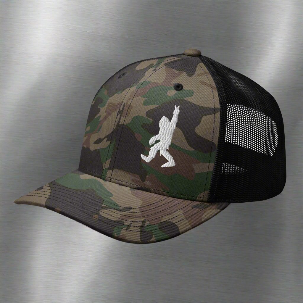  - Bigfoot Peace Sign | Camouflage Trucker Hat | Meshback Ball Cap from Crypto Zoo Tees