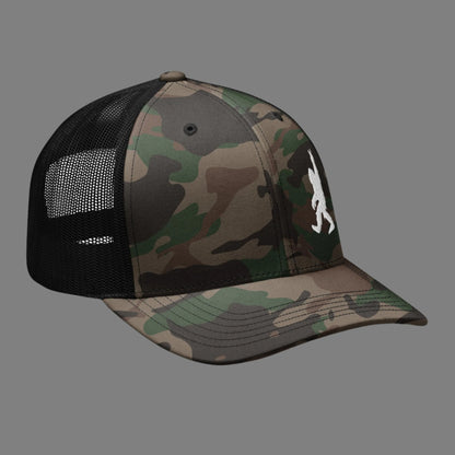  - Bigfoot Peace Sign | Camouflage Trucker Hat | Meshback Ball Cap from Crypto Zoo Tees