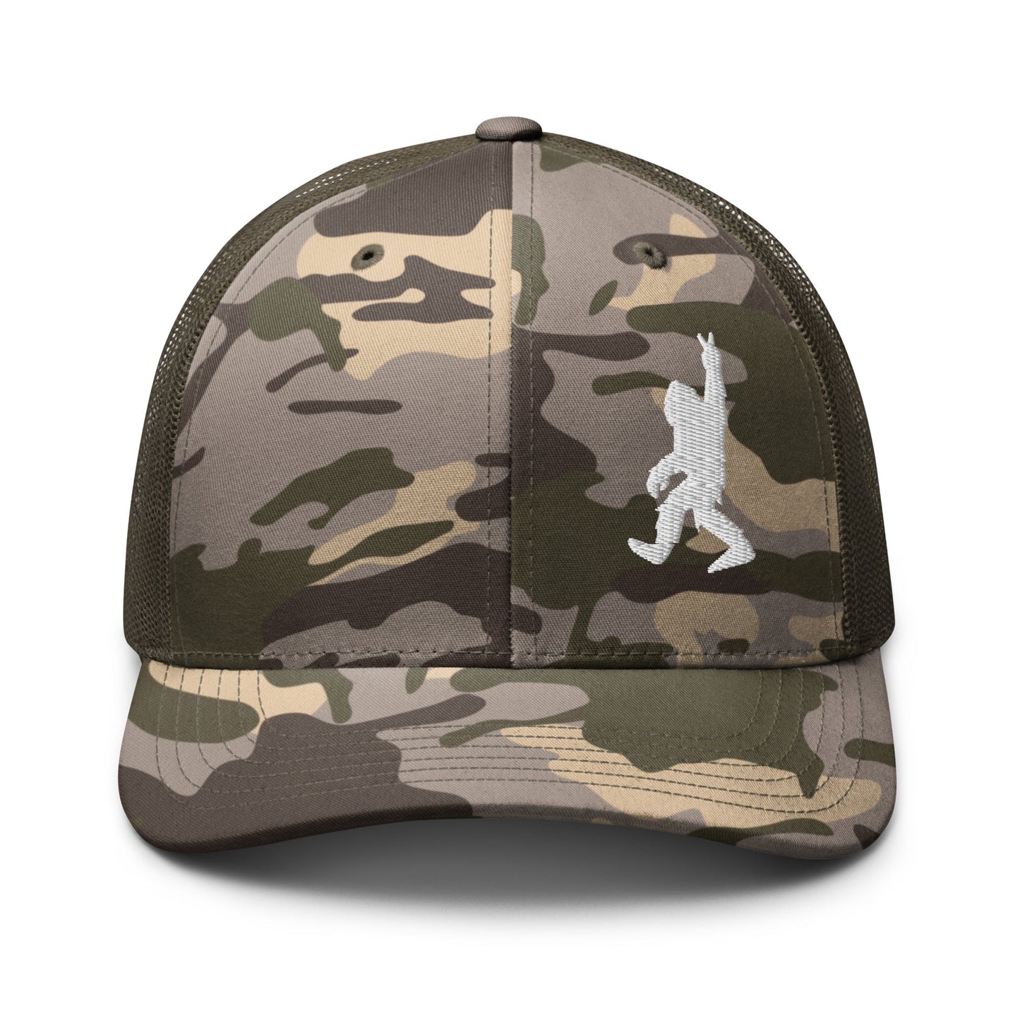  - Bigfoot Peace Sign | Camouflage Trucker Hat | Meshback Ball Cap from Crypto Zoo Tees