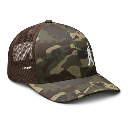  - Bigfoot Peace Sign | Camouflage Trucker Hat | Meshback Ball Cap from Crypto Zoo Tees