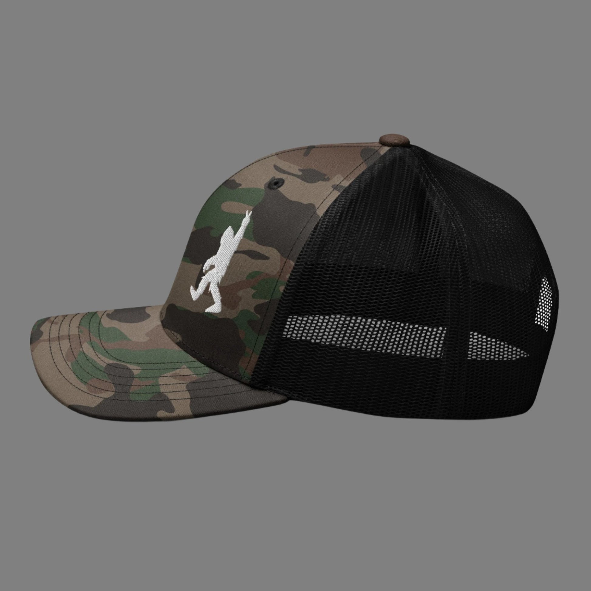  - Bigfoot Peace Sign | Camouflage Trucker Hat | Meshback Ball Cap from Crypto Zoo Tees