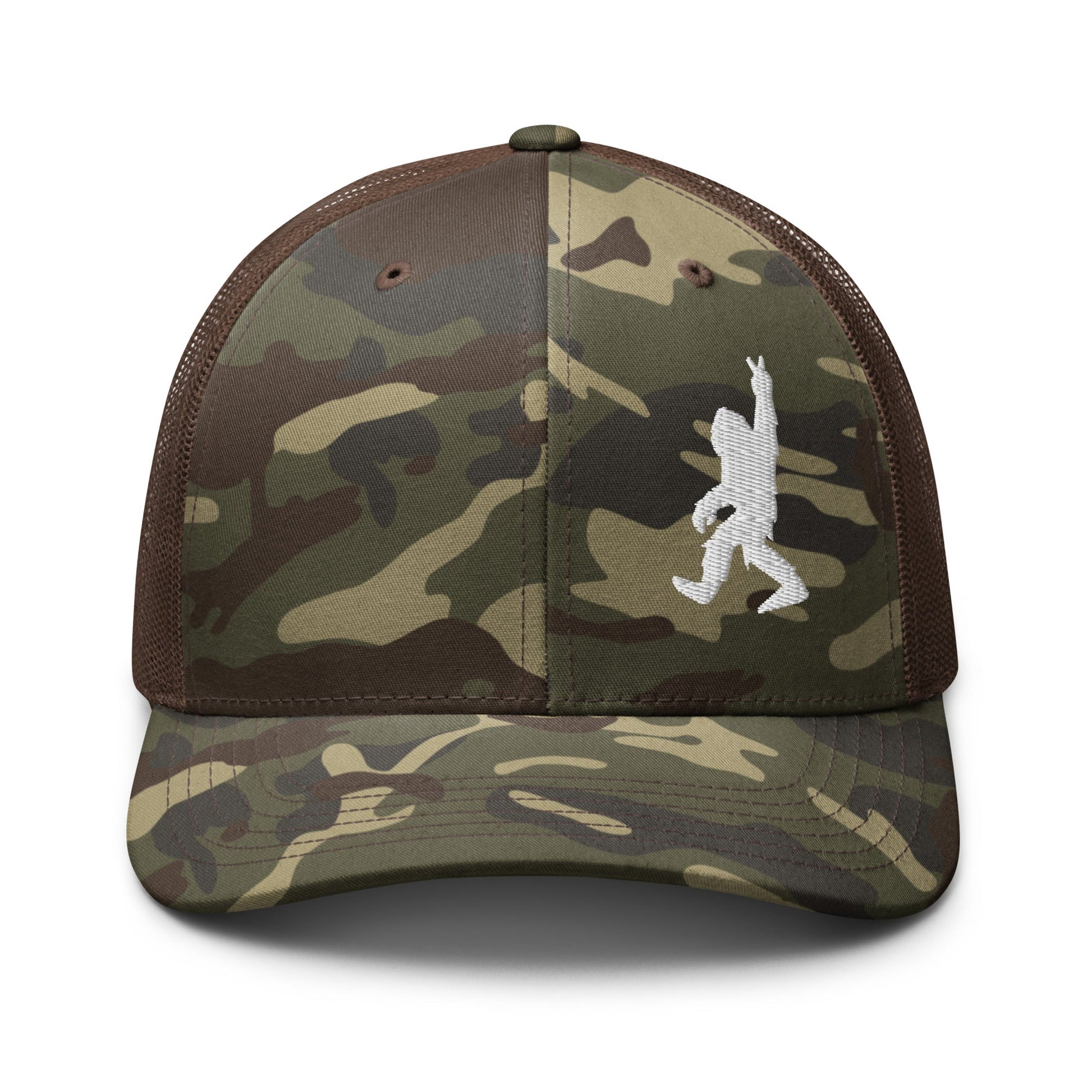  - Bigfoot Peace Sign | Camouflage Trucker Hat | Meshback Ball Cap from Crypto Zoo Tees