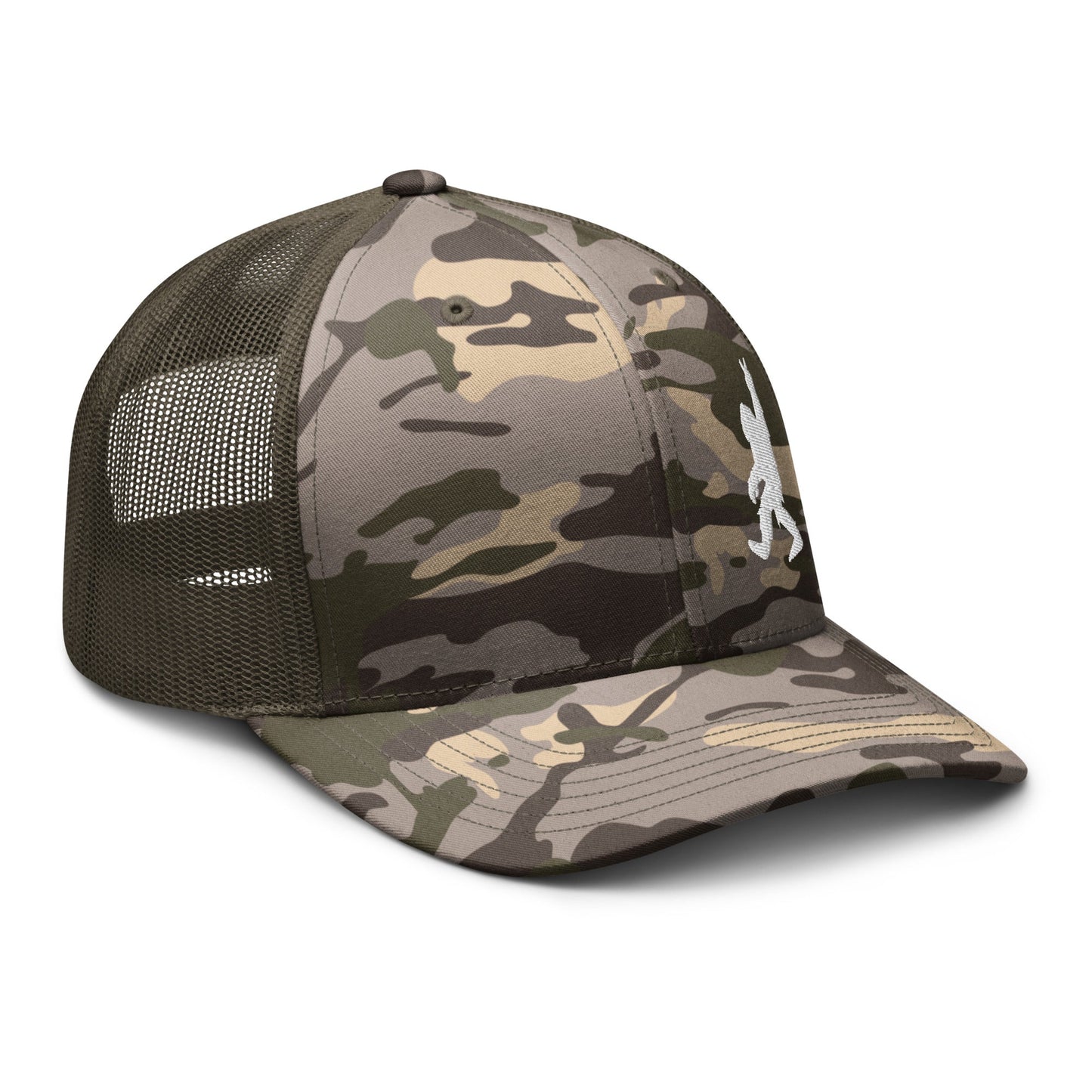  - Bigfoot Peace Sign | Camouflage Trucker Hat | Meshback Ball Cap from Crypto Zoo Tees