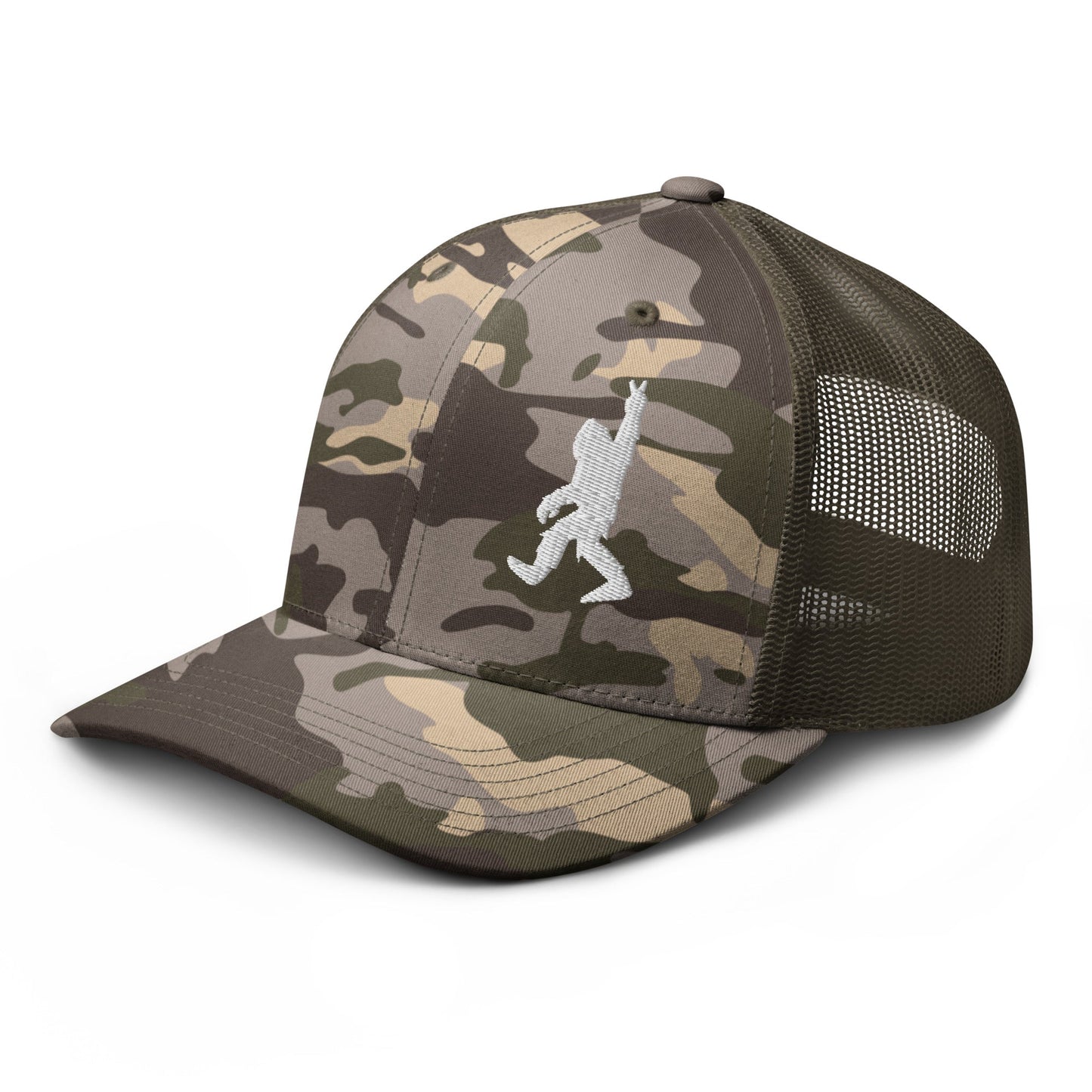  - Bigfoot Peace Sign | Camouflage Trucker Hat | Meshback Ball Cap from Crypto Zoo Tees