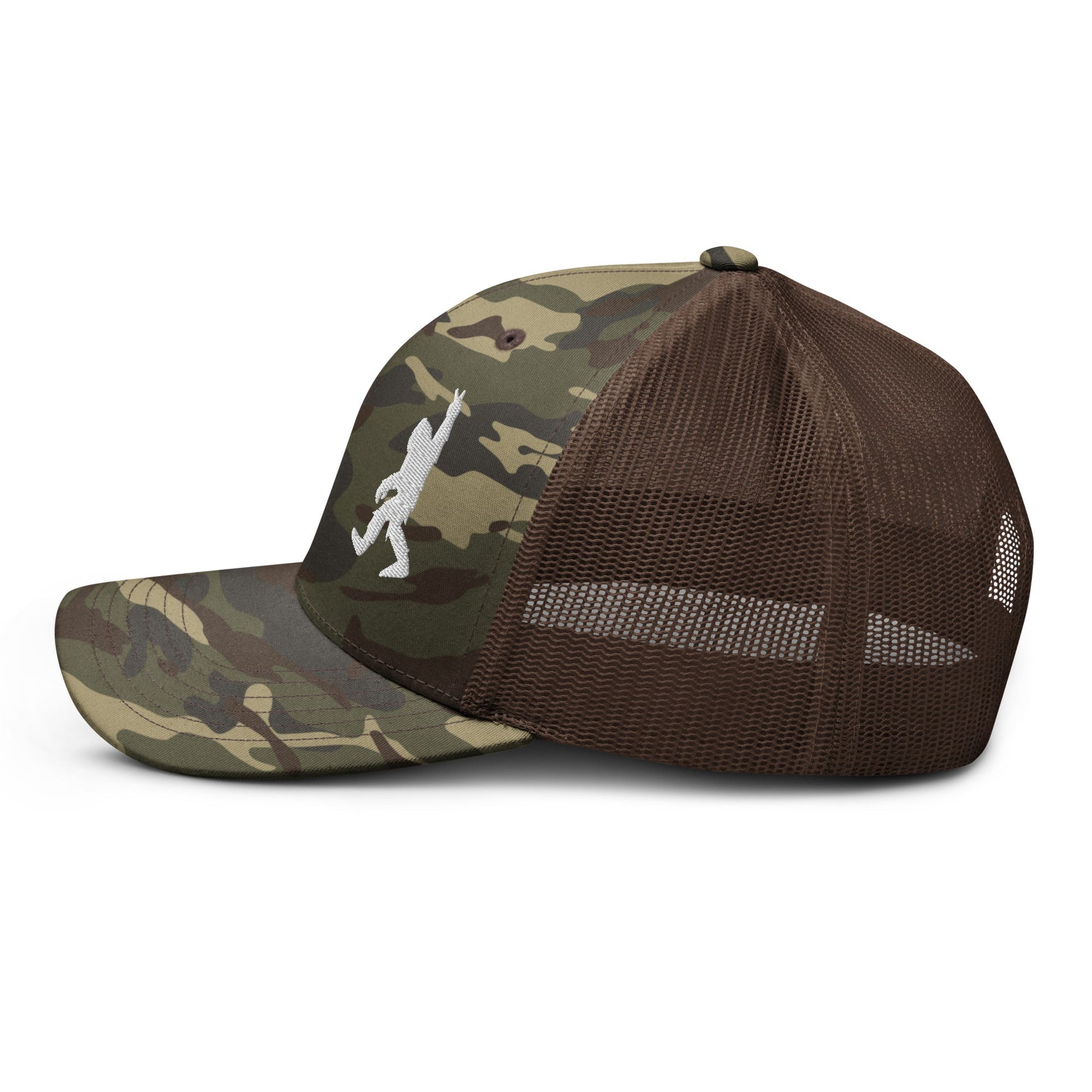  - Bigfoot Peace Sign | Camouflage Trucker Hat | Meshback Ball Cap from Crypto Zoo Tees