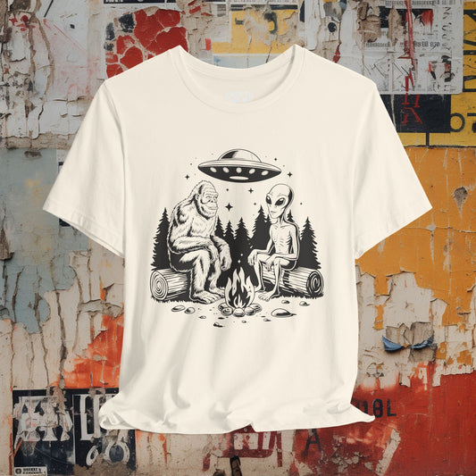 T-Shirt - Bigfoot with Gray Alien and UFO Tee | Unisex T-shirt | Cryptids, UFOs | Funny, Quirky from Crypto Zoo Tees