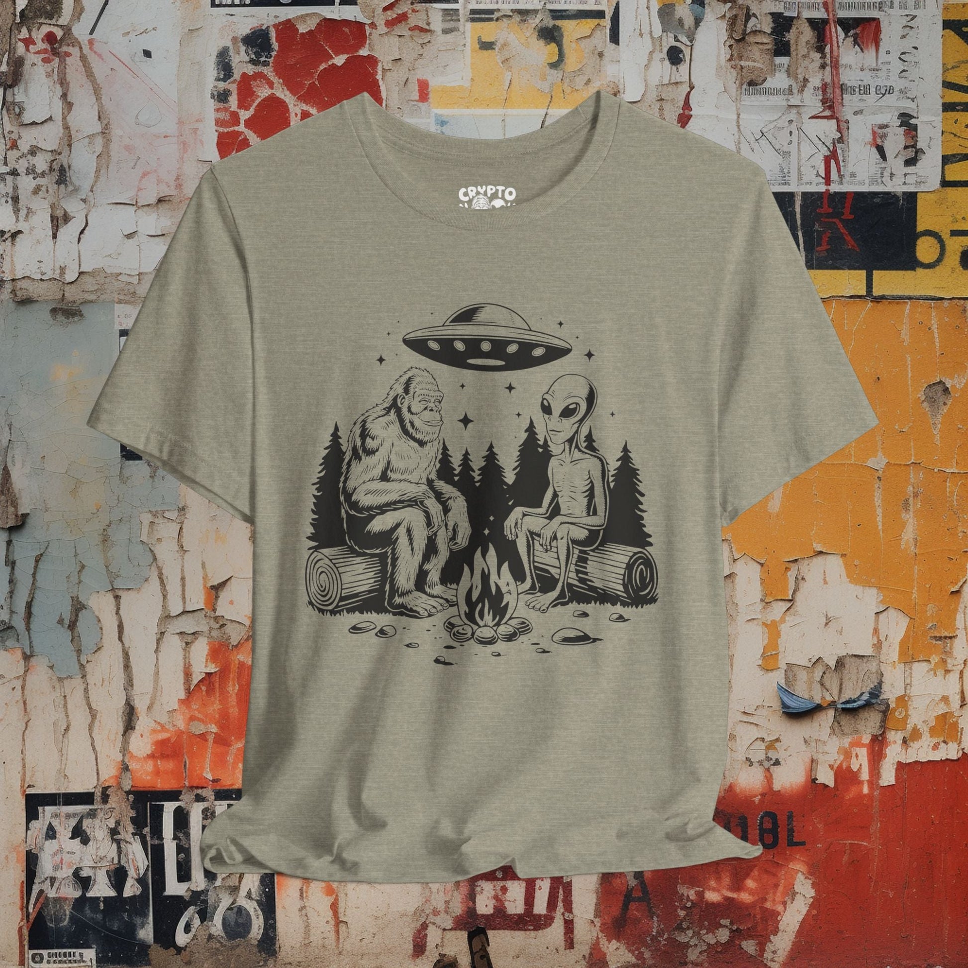 T-Shirt - Bigfoot with Gray Alien and UFO Tee | Unisex T-shirt | Cryptids, UFOs | Funny, Quirky from Crypto Zoo Tees