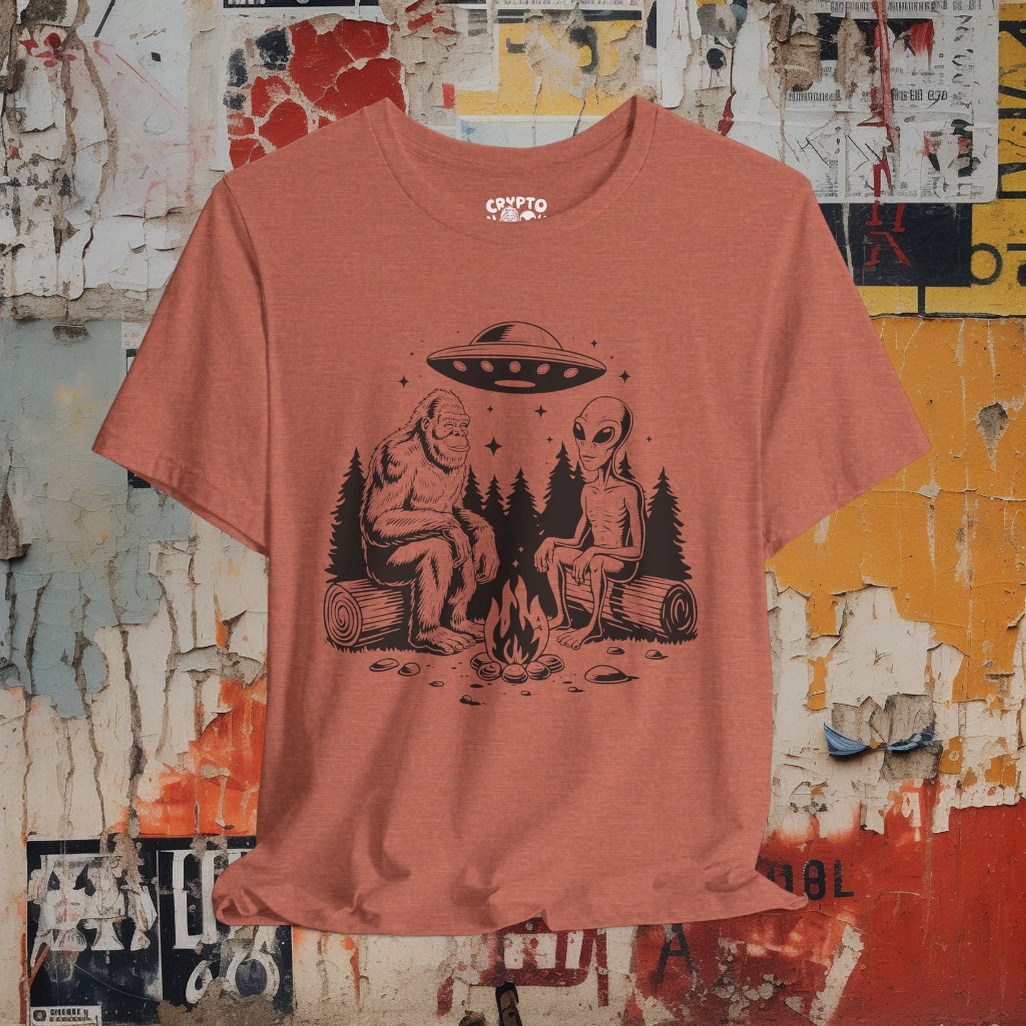 T-Shirt - Bigfoot with Gray Alien and UFO Tee | Unisex T-shirt | Cryptids, UFOs | Funny, Quirky from Crypto Zoo Tees