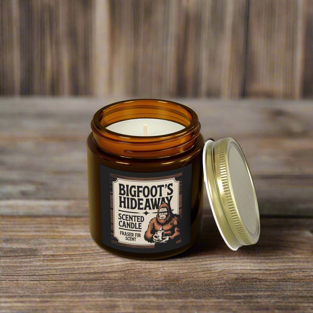 Home Decor - Bigfoot's Hideaway Scented Candle - Fraser Fir - Coconut Apricot Wax with Cotton Wick from Crypto Zoo Tees