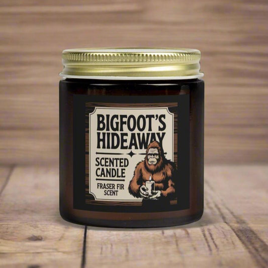 Home Decor - Bigfoot's Hideaway Scented Candle - Fraser Fir - Coconut Apricot Wax with Cotton Wick from Crypto Zoo Tees