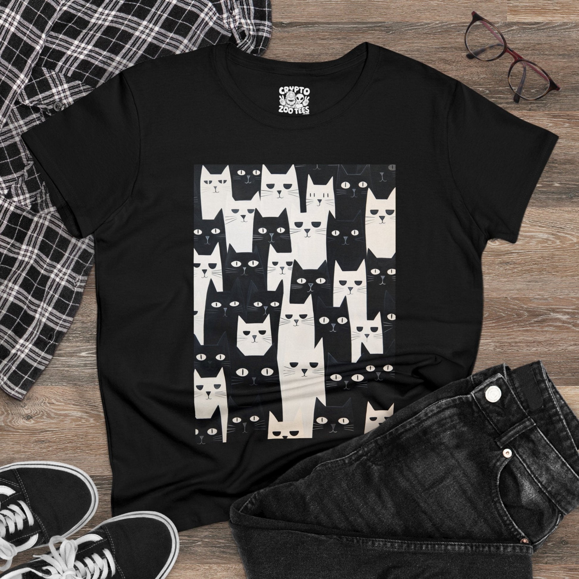 T-Shirt - Black and White Cat Pattern | Women's T-Shirt | Cotton Tee | Ladies Tee from Crypto Zoo Tees