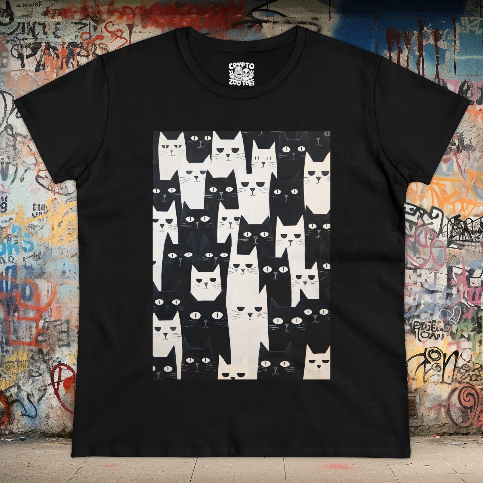 T-Shirt - Black and White Cat Pattern | Women's T-Shirt | Cotton Tee | Ladies Tee from Crypto Zoo Tees