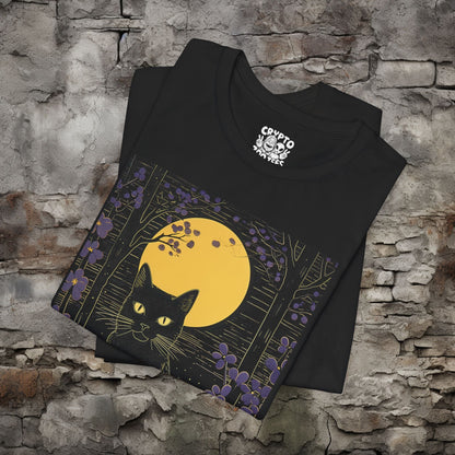 T-Shirt - Black Cat at Night Under the Moon Unisex Tee | Halloween Goth Cat Shirt | Halloween Graphic Tee | Spooky Moon Cat T-Shirt | Gift for Cat Lovers from Crypto Zoo Tees