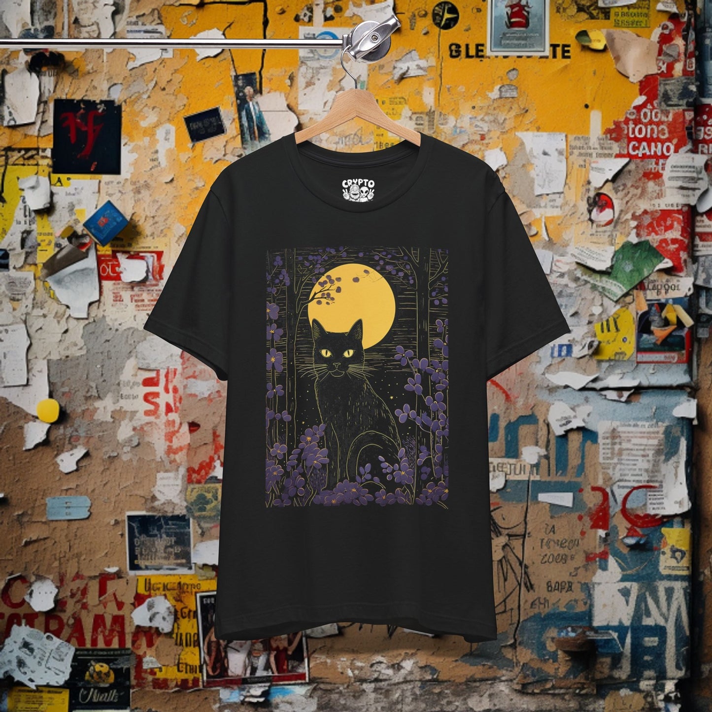 T-Shirt - Black Cat at Night Under the Moon Unisex Tee | Halloween Goth Cat Shirt | Halloween Graphic Tee | Spooky Moon Cat T-Shirt | Gift for Cat Lovers from Crypto Zoo Tees