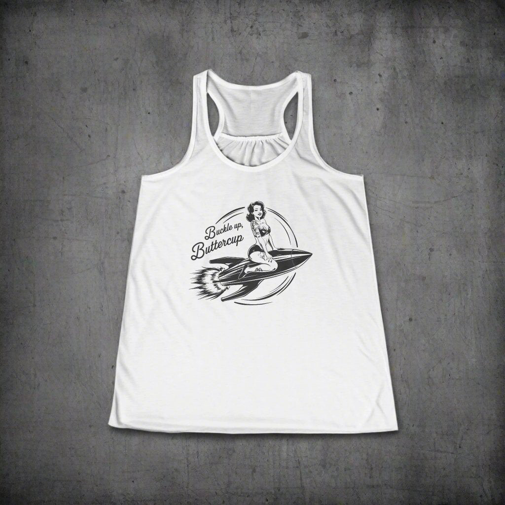 Tank Top - Buckle Up Buttercup | Pin-up on Rocket | Ladies Racerback Tank Top from Crypto Zoo Tees