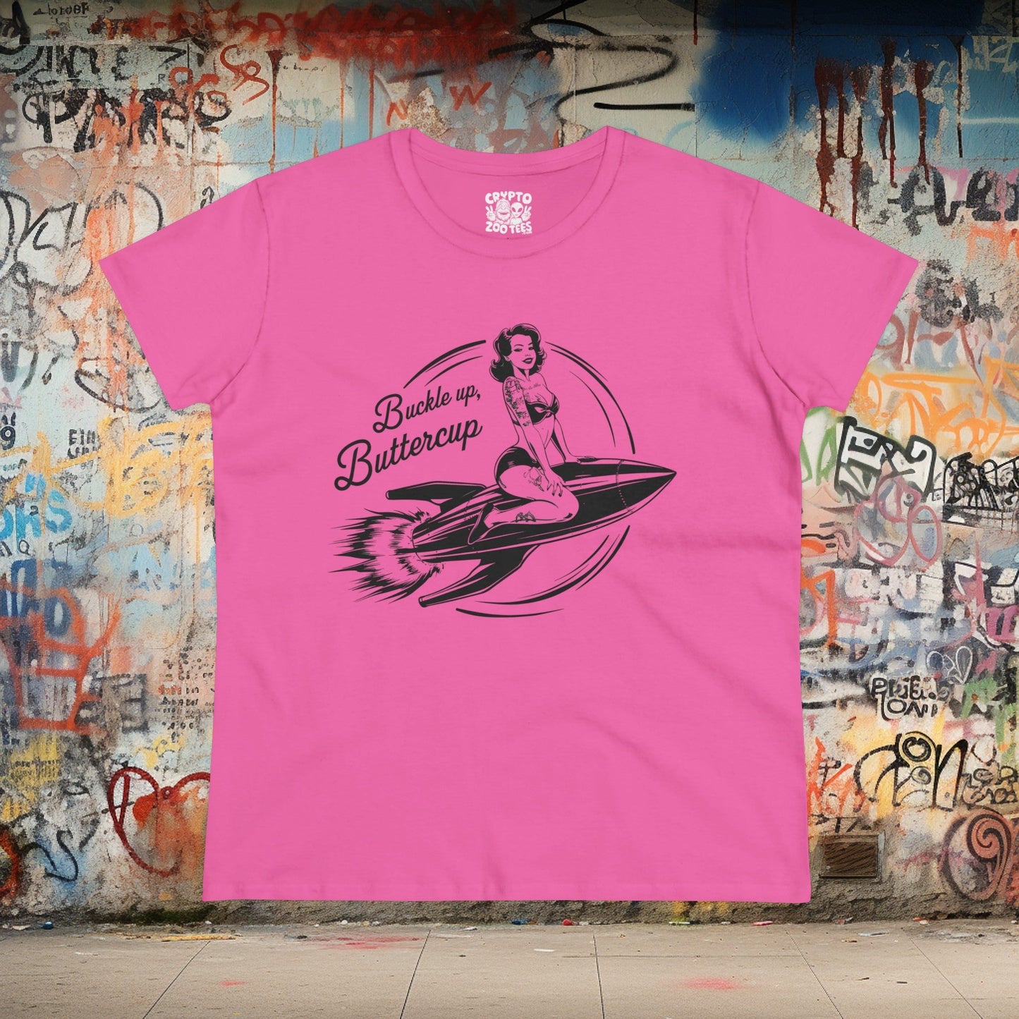 T-Shirt - Buckle Up Buttercup | Pin-up on Rocket | Women's T-Shirt | Cotton Tee from Crypto Zoo Tees