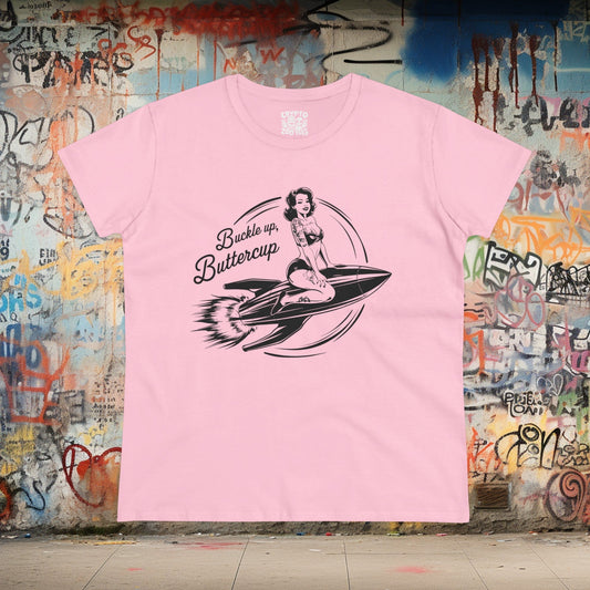 T-Shirt - Buckle Up Buttercup | Pin-up on Rocket | Women's T-Shirt | Cotton Tee from Crypto Zoo Tees