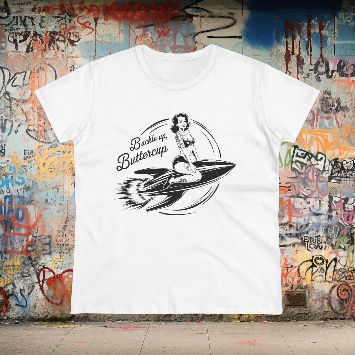 T-Shirt - Buckle Up Buttercup | Pin-up on Rocket | Women's T-Shirt | Cotton Tee from Crypto Zoo Tees