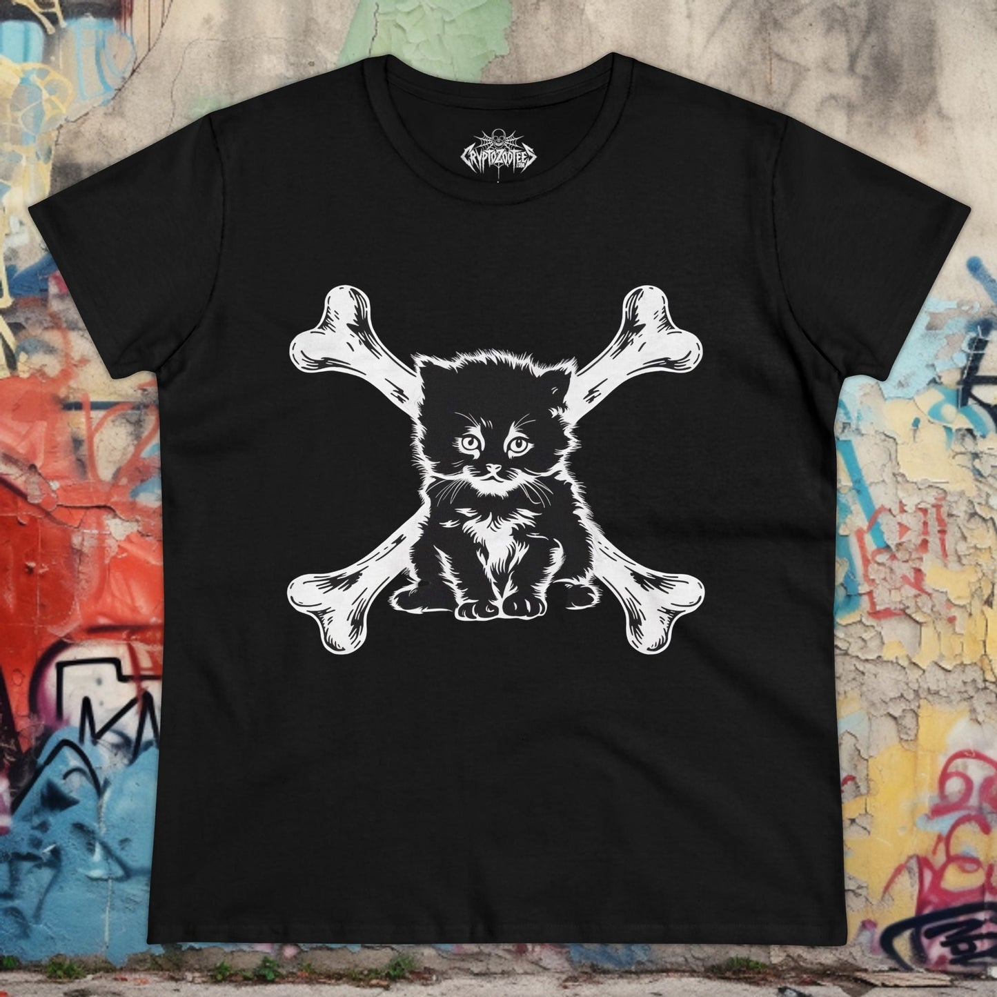 T-Shirt - cat and crossbones Ladies T-Shirt | Ladies Tee | Paranormal, Halloween, Spiritual | Goth, Gothic from Crypto Zoo Tees