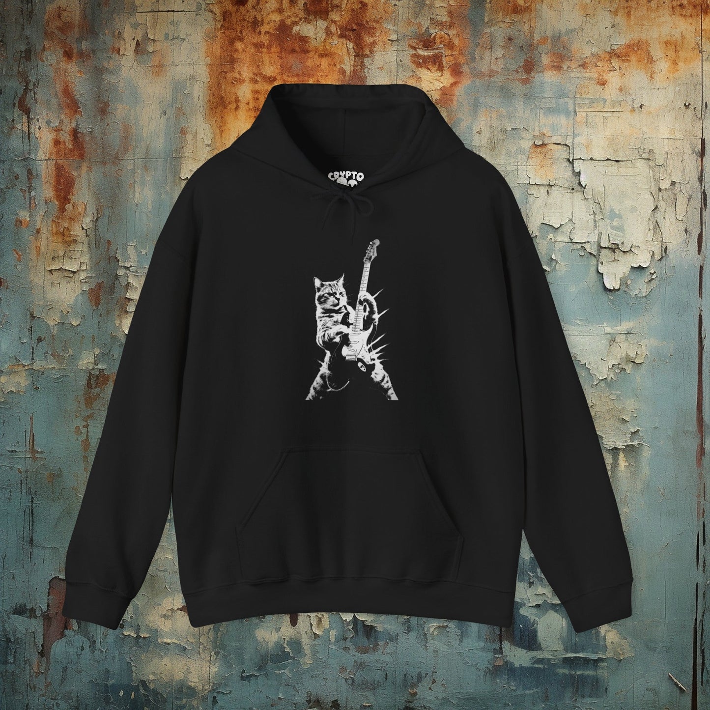 Hoodie - Cat Playing Guitar | Hoodie | Hooded Sweatshirt from Crypto Zoo Tees