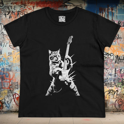 T - Shirt - Cat Playing Guitar | Women's T - Shirt | Cotton Tee from Crypto Zoo Tees