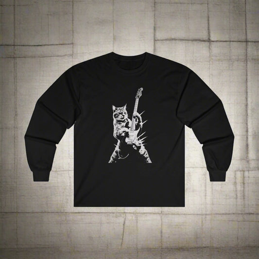 Long - sleeve - Cat with Electric Guitar | Long Sleeve T-shirt from Crypto Zoo Tees