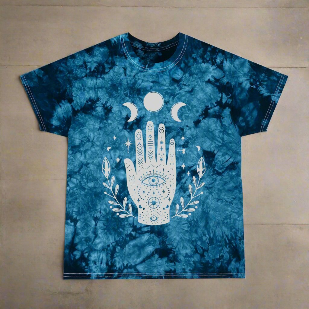 T-Shirt - Celestial Moon Phase Palm Hand | Tie - Dye Gildan 5000 Unisex T-shirt from Crypto Zoo Tees