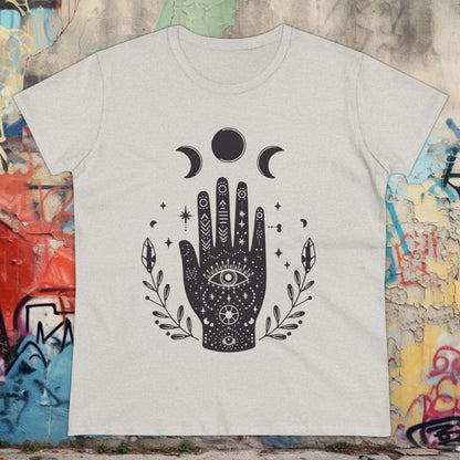 T-Shirt - Celestial Moon Phase Palm Hand | Women's T-Shirt | Cotton Ladies Tee from Crypto Zoo Tees