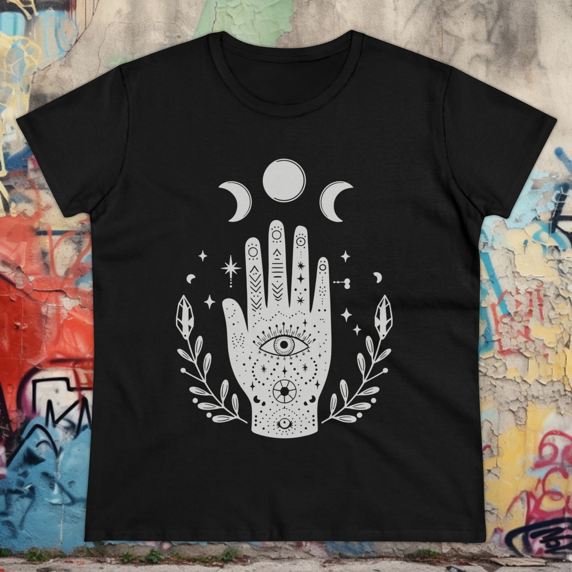 T-Shirt - Celestial Moon Phase Palm Hand | Women's T-Shirt | Cotton Ladies Tee from Crypto Zoo Tees