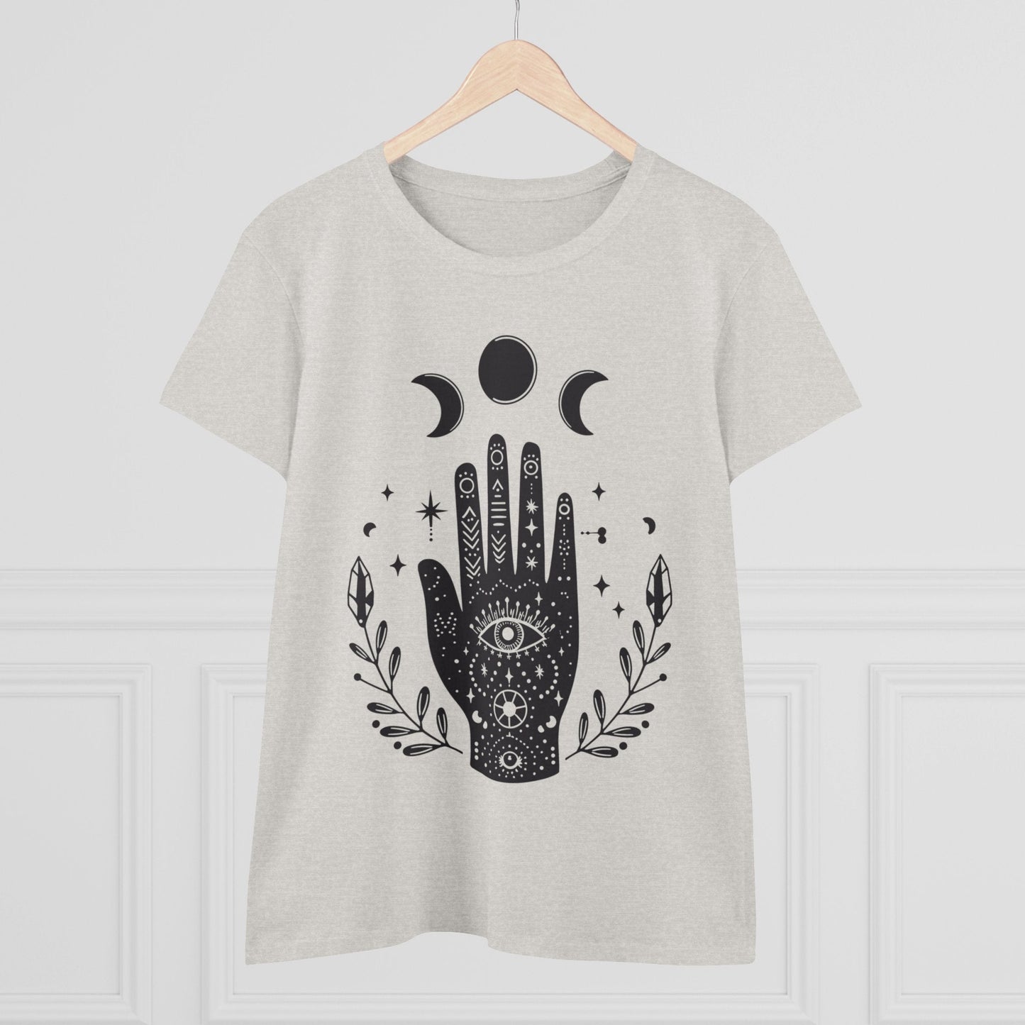 T-Shirt - Celestial Moon Phase Palm Hand | Women's T-Shirt | Cotton Ladies Tee from Crypto Zoo Tees