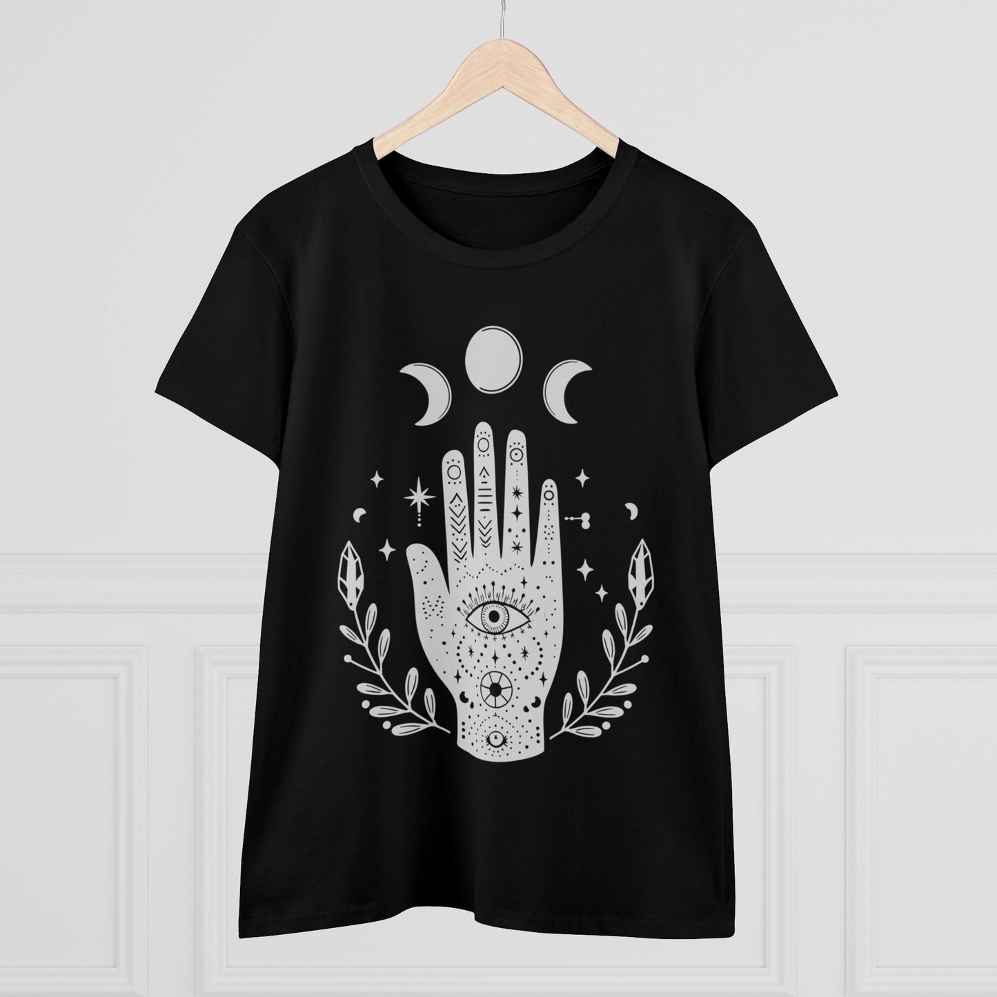 T-Shirt - Celestial Moon Phase Palm Hand | Women's T-Shirt | Cotton Ladies Tee from Crypto Zoo Tees