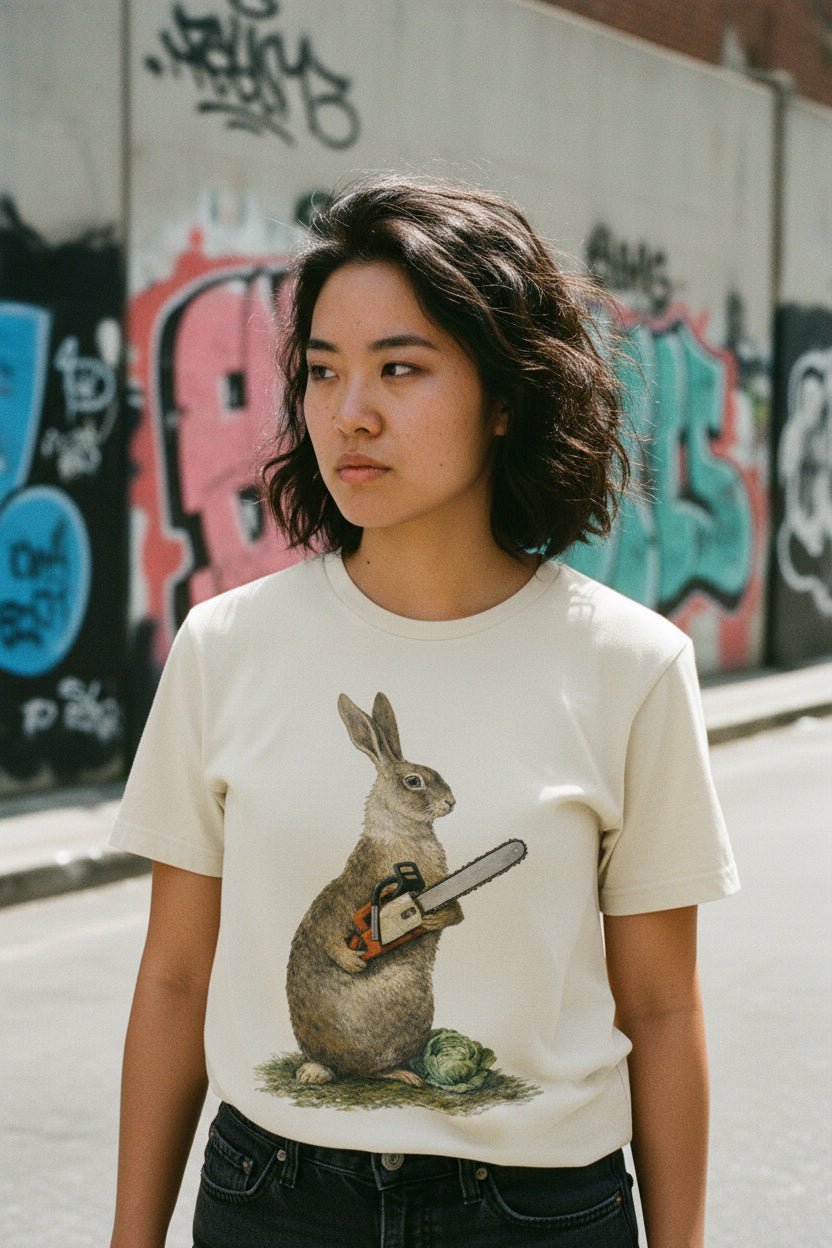 T-Shirt - Chainsaw Bunny Punk Shirt | Unisex Heavy Cotton - Gildan 5000 | Animals, Horror, Funny | Punk, Goth/Gothic from Crypto Zoo Tees