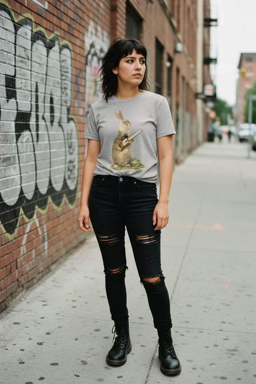 T-Shirt - Chainsaw Bunny Punk Shirt | Unisex Heavy Cotton - Gildan 5000 | Animals, Horror, Funny | Punk, Goth/Gothic from Crypto Zoo Tees