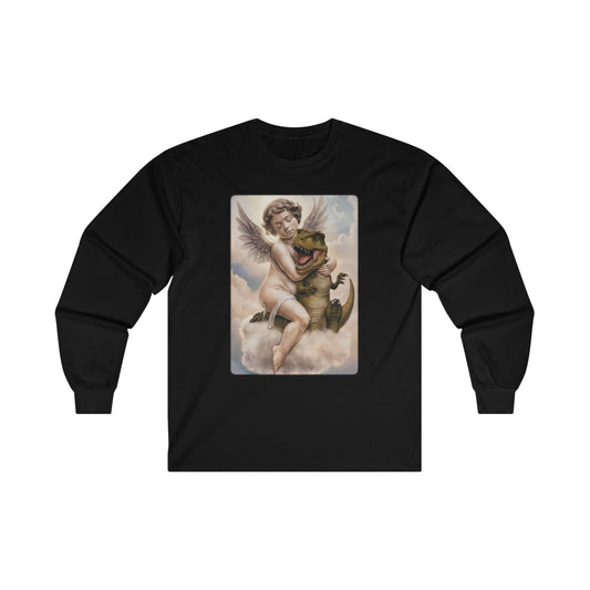 Long - sleeve - Cherub Angel Holding Baby Dinosaur | Long Sleeve T-shirt from Crypto Zoo Tees