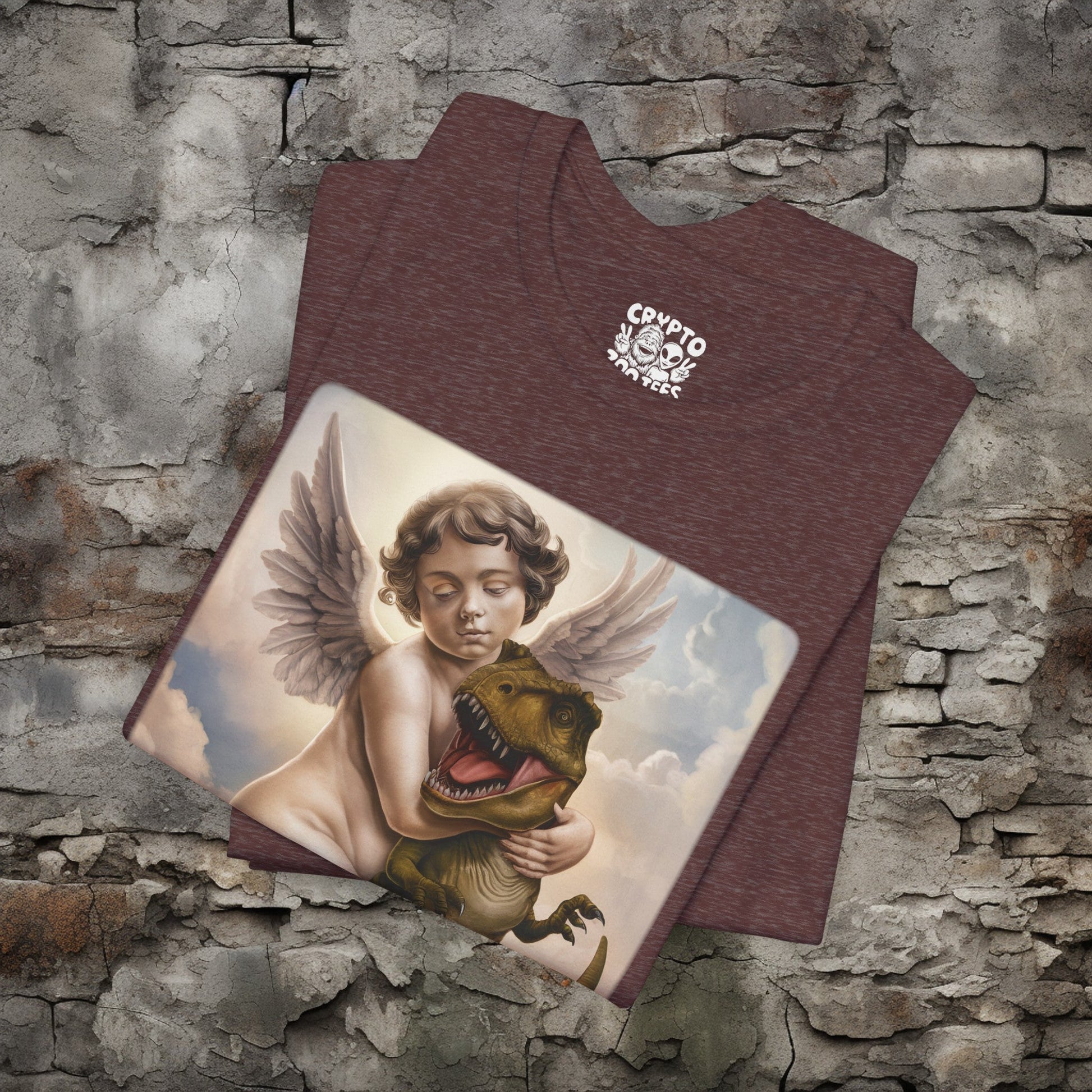 T - Shirt - Cherub Hugging a Baby Dinosaur in Heaven | Angel and T - rex | Funny | Bella + Canvas Unisex T - shirt from Crypto Zoo Tees