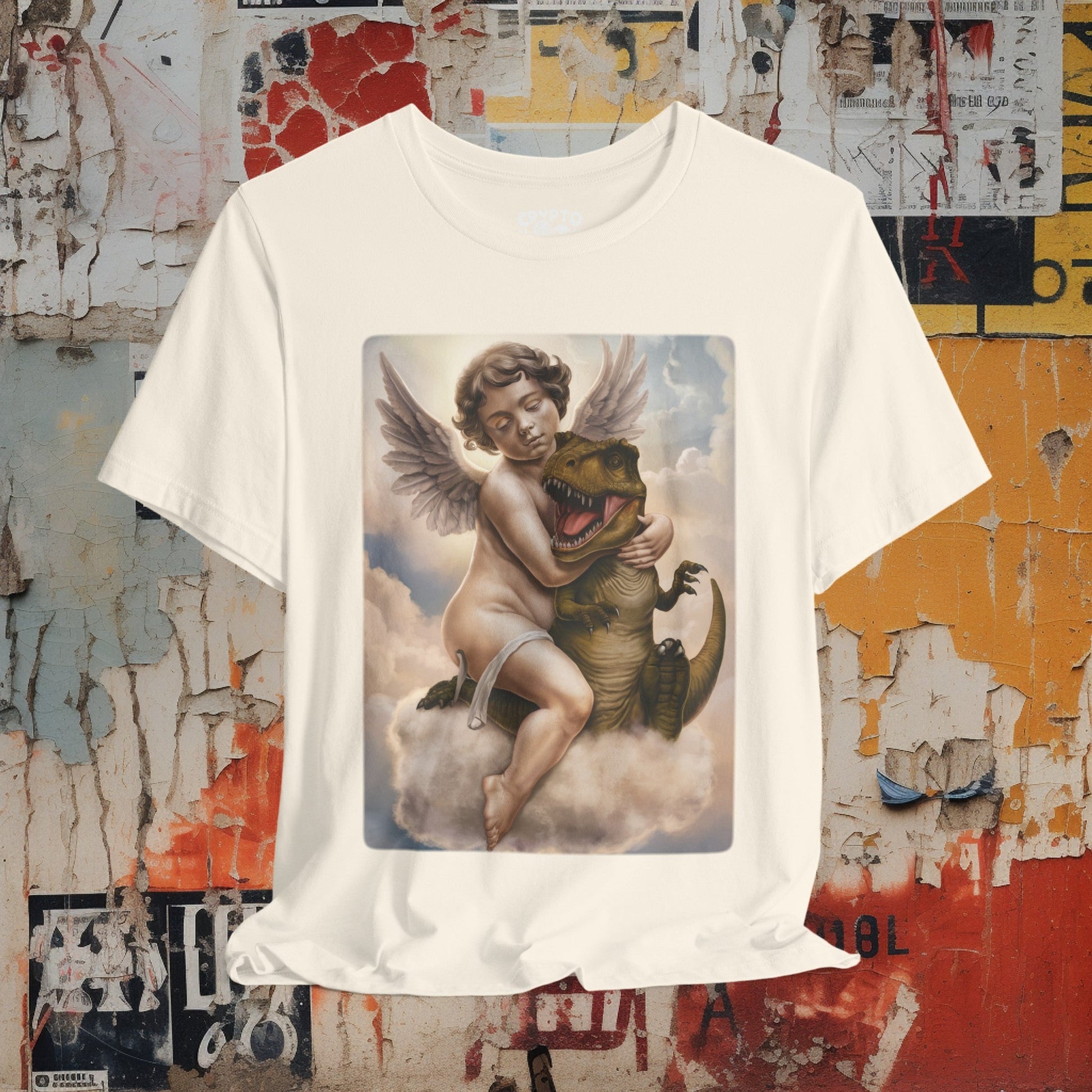 T - Shirt - Cherub Hugging a Baby Dinosaur in Heaven | Angel and T - rex | Funny | Bella + Canvas Unisex T - shirt from Crypto Zoo Tees