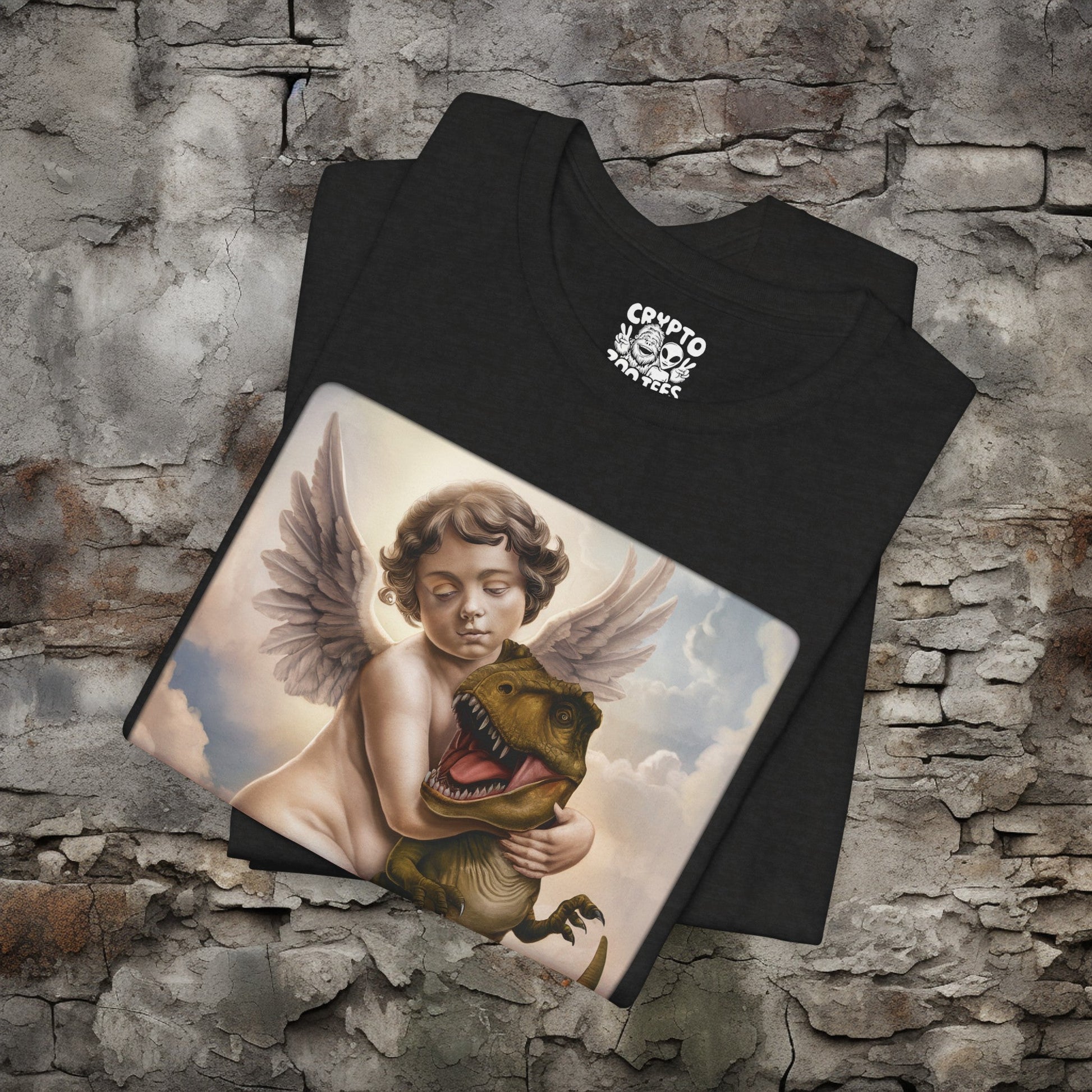 T - Shirt - Cherub Hugging a Baby Dinosaur in Heaven | Angel and T - rex | Funny | Bella + Canvas Unisex T - shirt from Crypto Zoo Tees