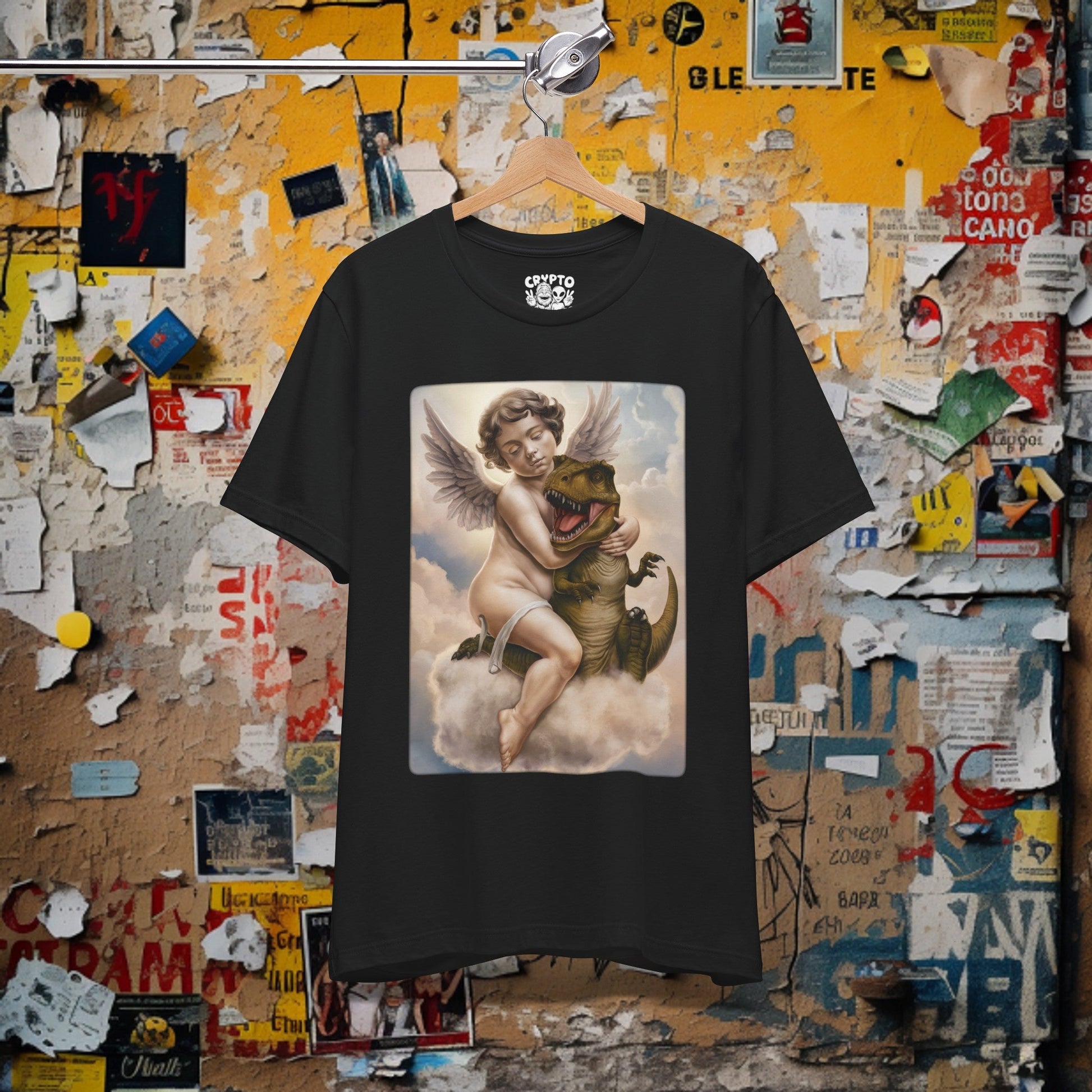 T - Shirt - Cherub Hugging a Baby Dinosaur in Heaven | Angel and T - rex | Funny | Bella + Canvas Unisex T - shirt from Crypto Zoo Tees