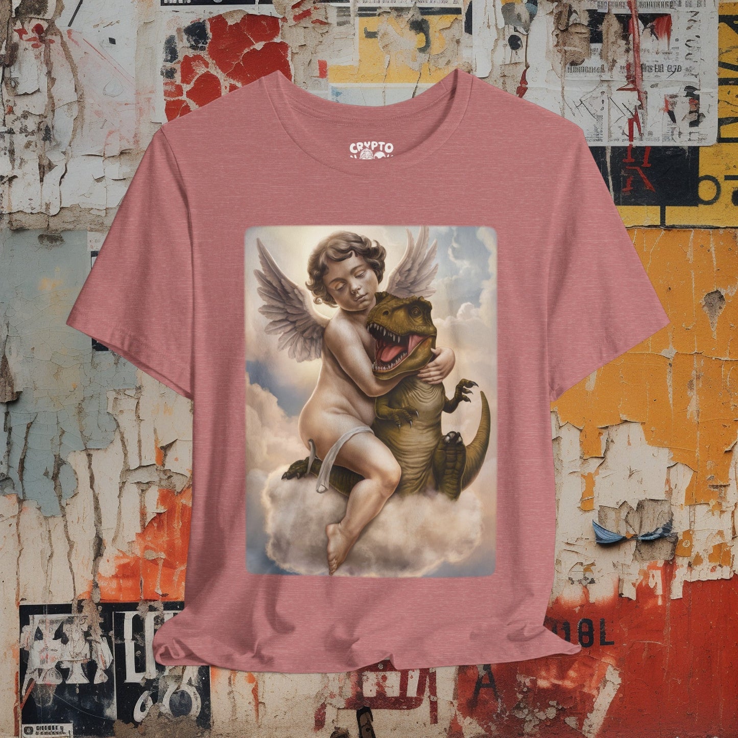 T - Shirt - Cherub Hugging a Baby Dinosaur in Heaven | Angel and T - rex | Funny | Bella + Canvas Unisex T - shirt from Crypto Zoo Tees