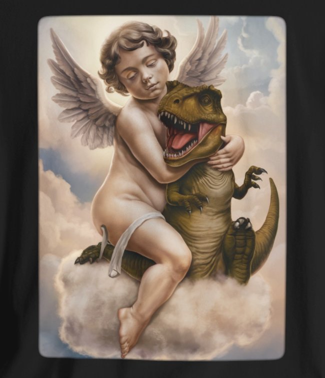 T - Shirt - Cherub Hugging a Baby Dinosaur in Heaven | Angel and T - rex | Funny | Bella + Canvas Unisex T - shirt from Crypto Zoo Tees