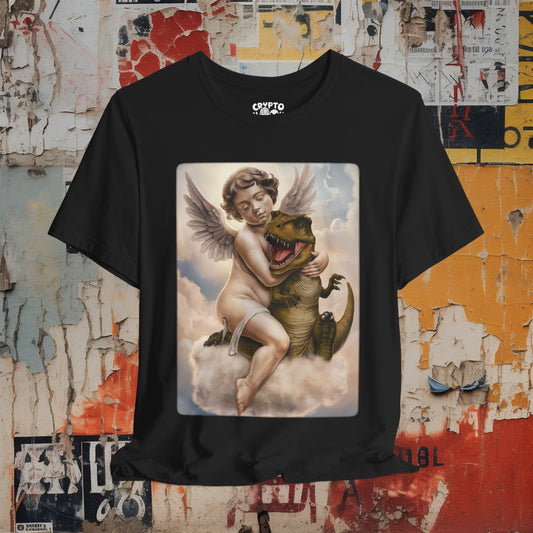 T - Shirt - Cherub Hugging a Baby Dinosaur in Heaven | Angel and T - rex | Funny | Bella + Canvas Unisex T - shirt from Crypto Zoo Tees