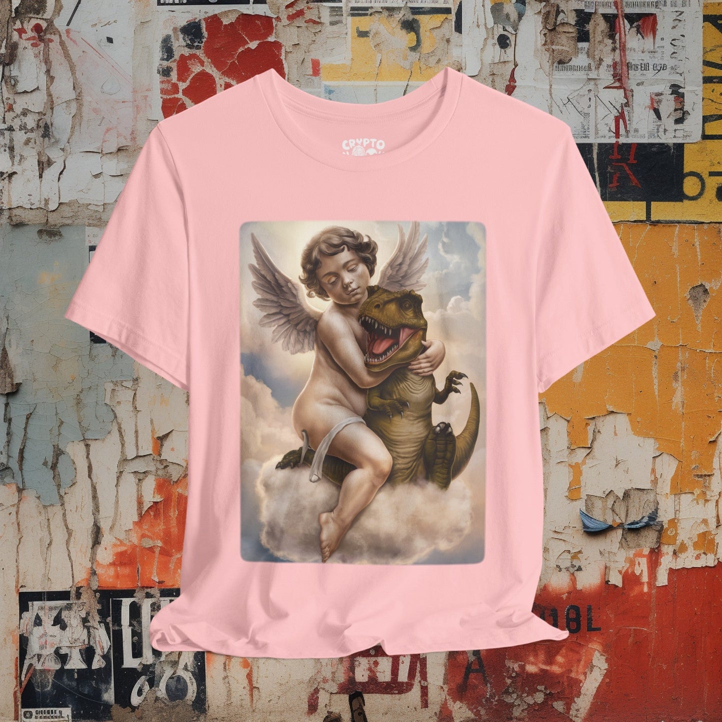 T - Shirt - Cherub Hugging a Baby Dinosaur in Heaven | Angel and T - rex | Funny | Bella + Canvas Unisex T - shirt from Crypto Zoo Tees