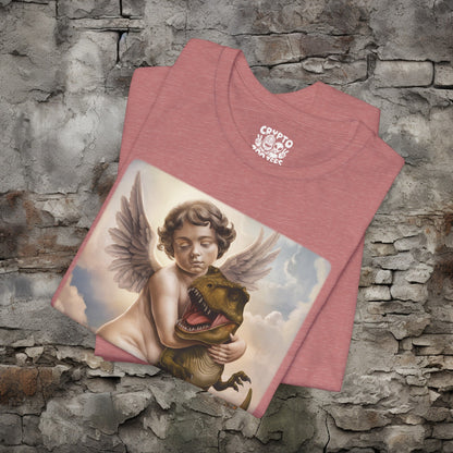 T - Shirt - Cherub Hugging a Baby Dinosaur in Heaven | Angel and T - rex | Funny | Bella + Canvas Unisex T - shirt from Crypto Zoo Tees