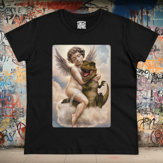 T - Shirt - Cherub Hugging a Baby Dinosaur in Heaven | Funny | Women's T - Shirt | Cotton Tee from Crypto Zoo Tees