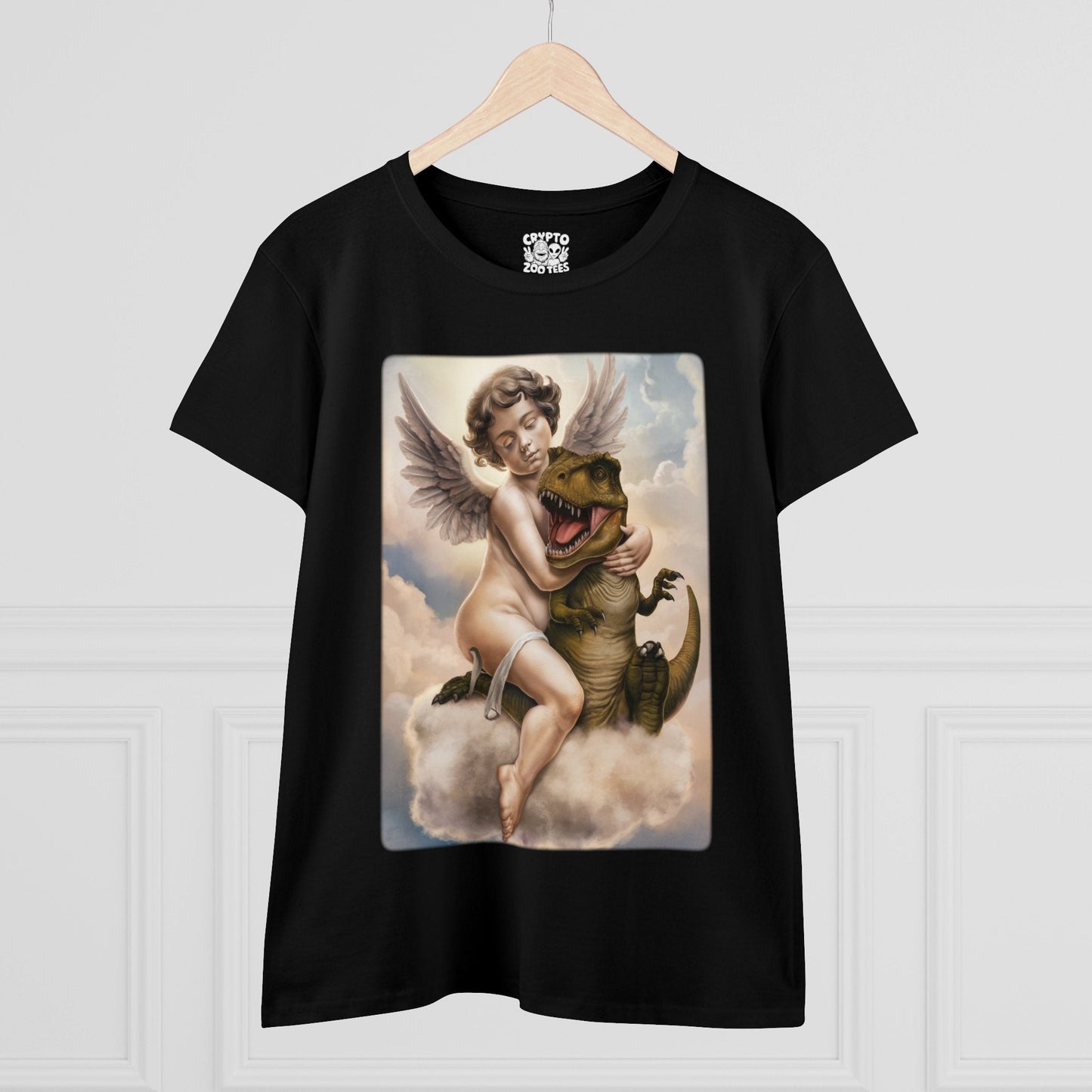 T - Shirt - Cherub Hugging a Baby Dinosaur in Heaven | Funny | Women's T - Shirt | Cotton Tee from Crypto Zoo Tees