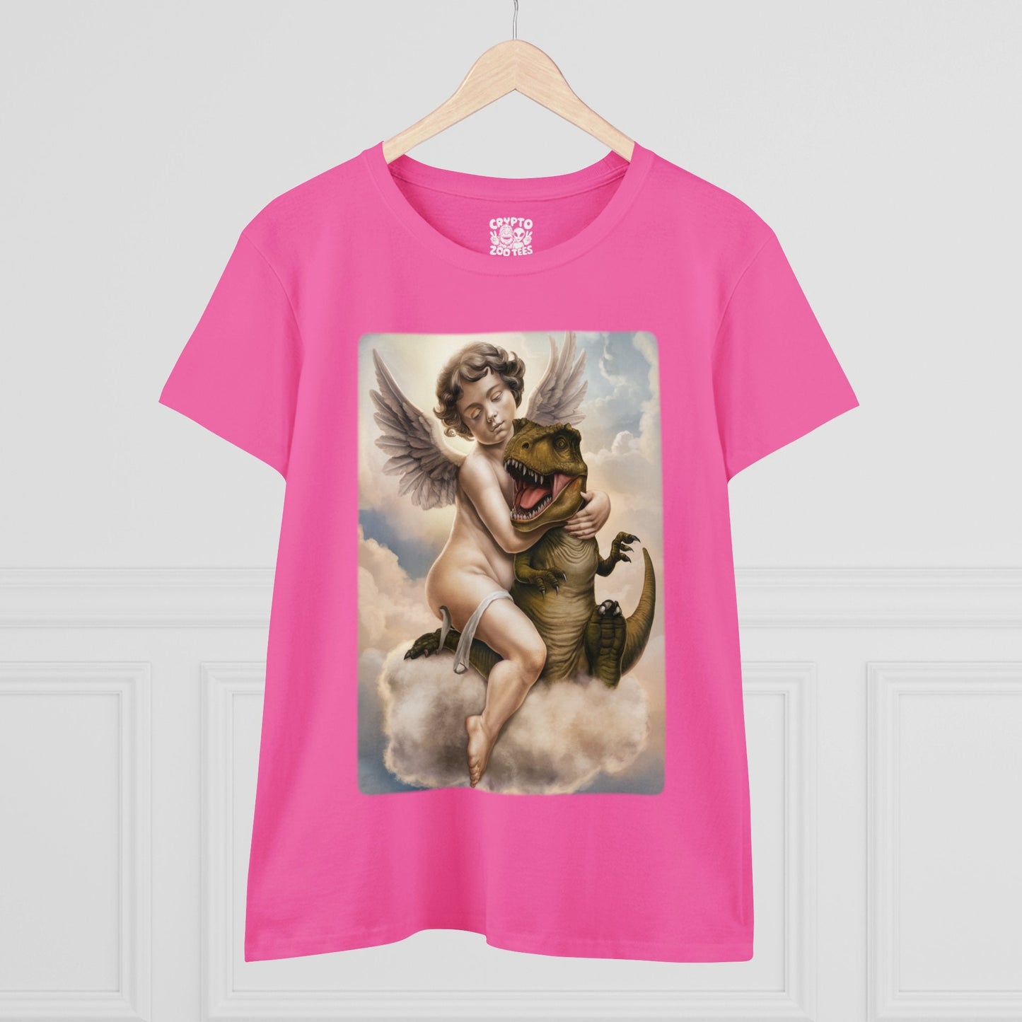 T - Shirt - Cherub Hugging a Baby Dinosaur in Heaven | Funny | Women's T - Shirt | Cotton Tee from Crypto Zoo Tees