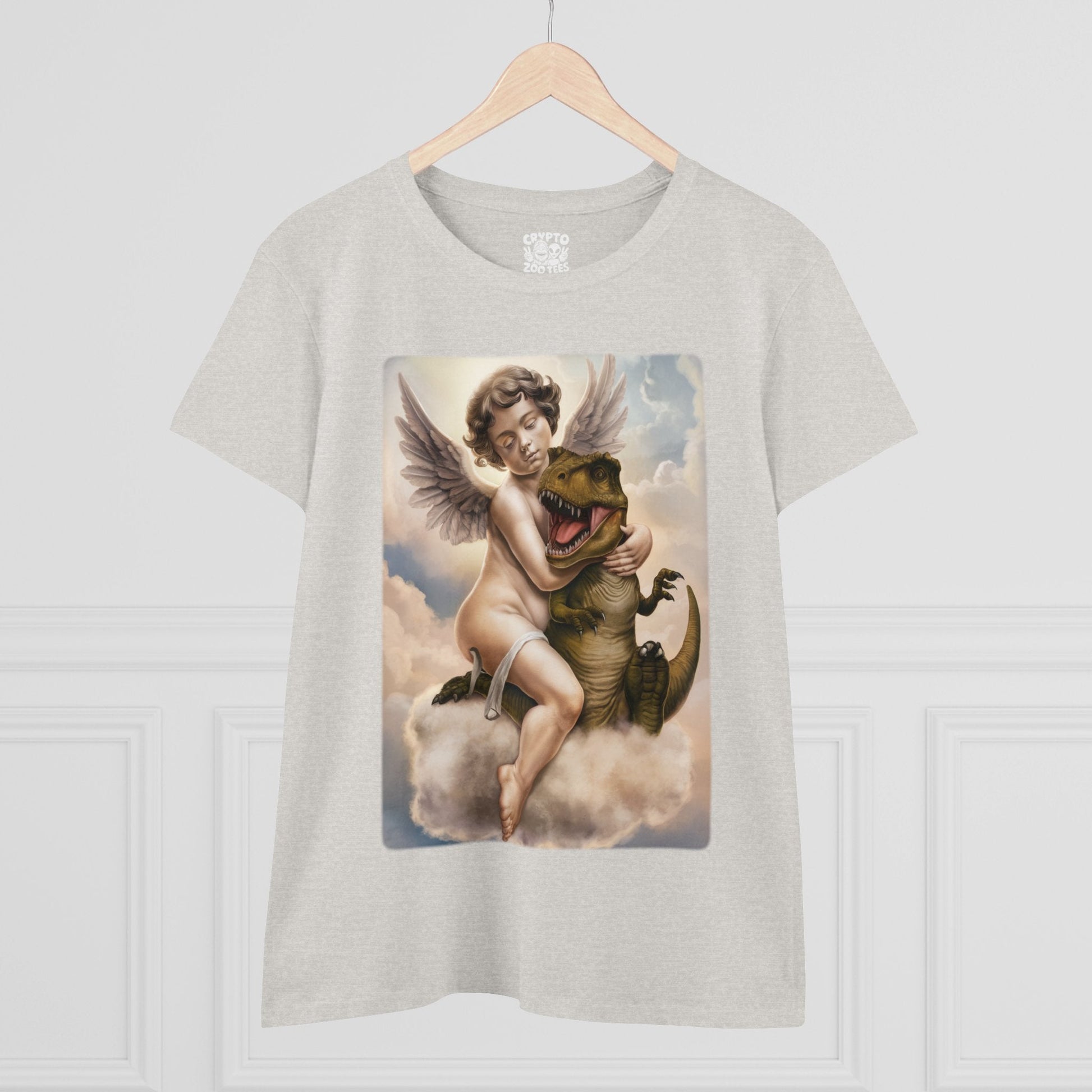 T - Shirt - Cherub Hugging a Baby Dinosaur in Heaven | Funny | Women's T - Shirt | Cotton Tee from Crypto Zoo Tees