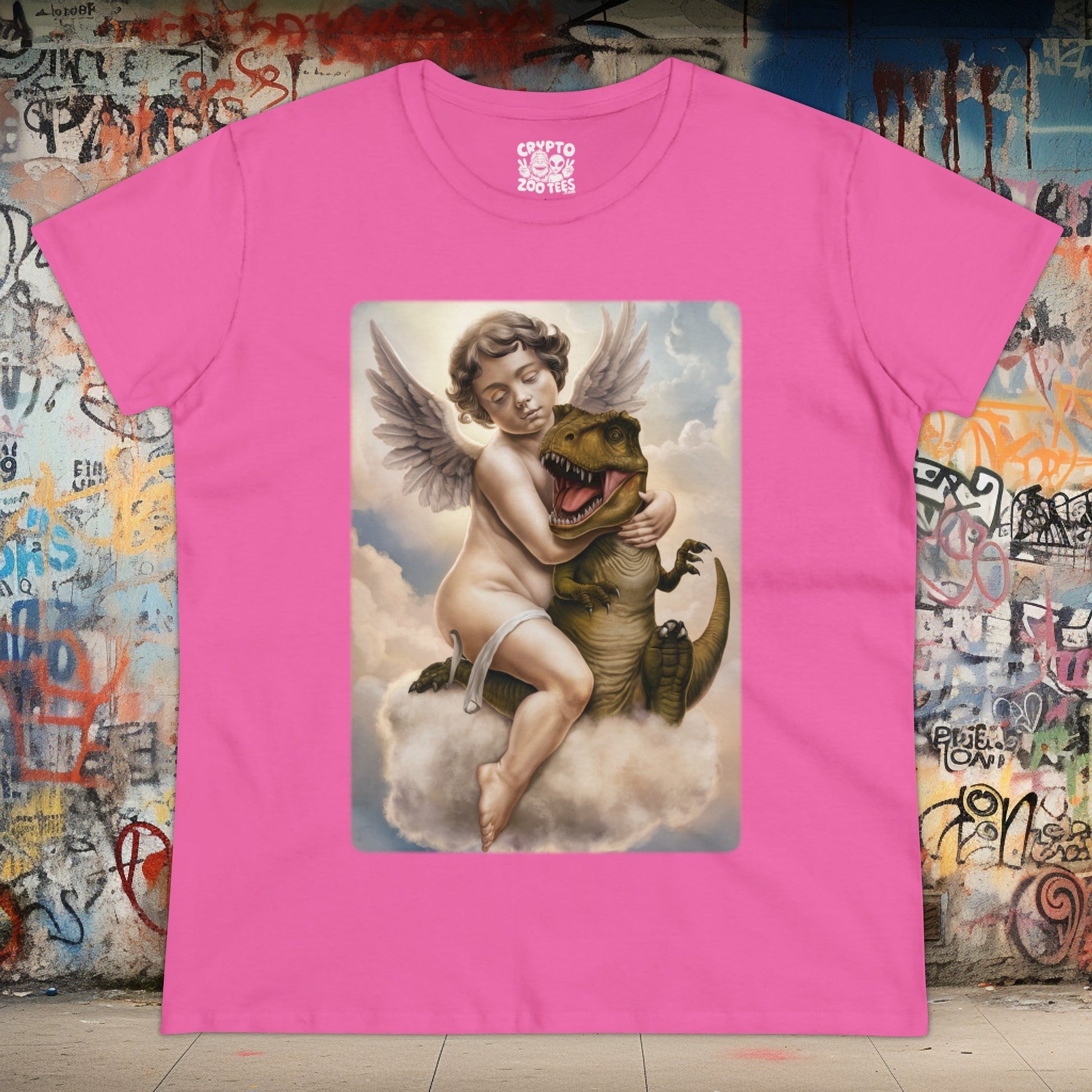 T - Shirt - Cherub Hugging a Baby Dinosaur in Heaven | Funny | Women's T - Shirt | Cotton Tee from Crypto Zoo Tees