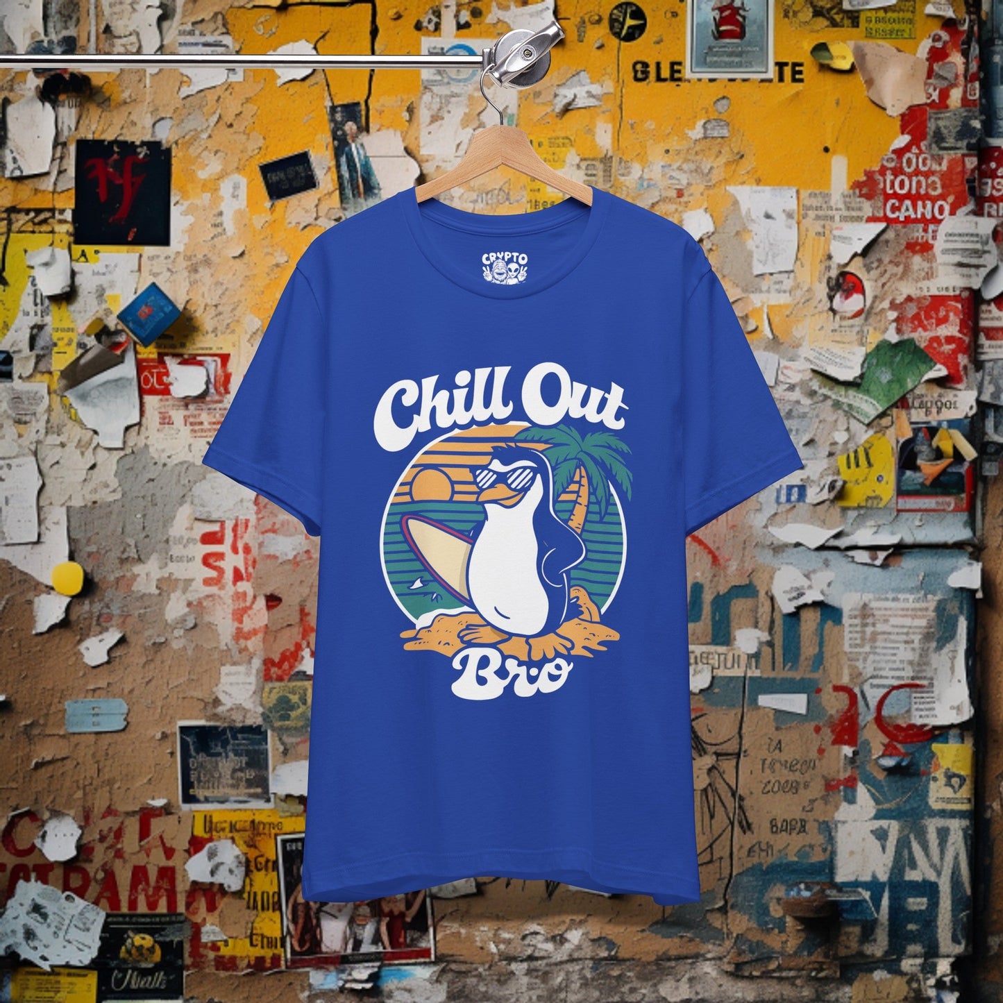 T-Shirt - Chill Out Bro Funny Penguin Surfing T-shirt | Bella + Canvas Unisex T-shirt from Crypto Zoo Tees