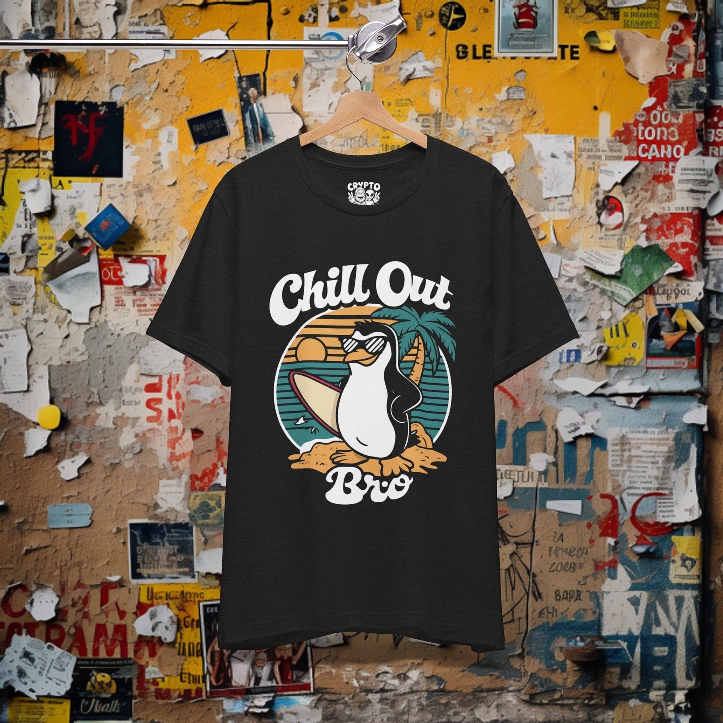 T-Shirt - Chill Out Bro Funny Penguin Surfing T-shirt | Bella + Canvas Unisex T-shirt from Crypto Zoo Tees